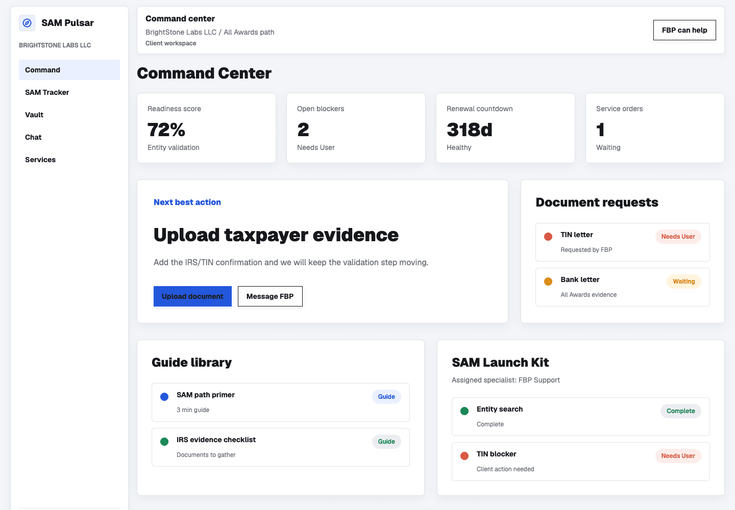 SAM Pulsar command center showing readiness, blockers, roadmap, and document requests